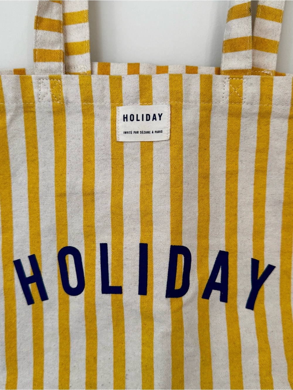 Sézane 100% Recycled Cotton “Holiday” Striped Graphic Tote Bag, Yellow & Beige - Picture 3 of 8